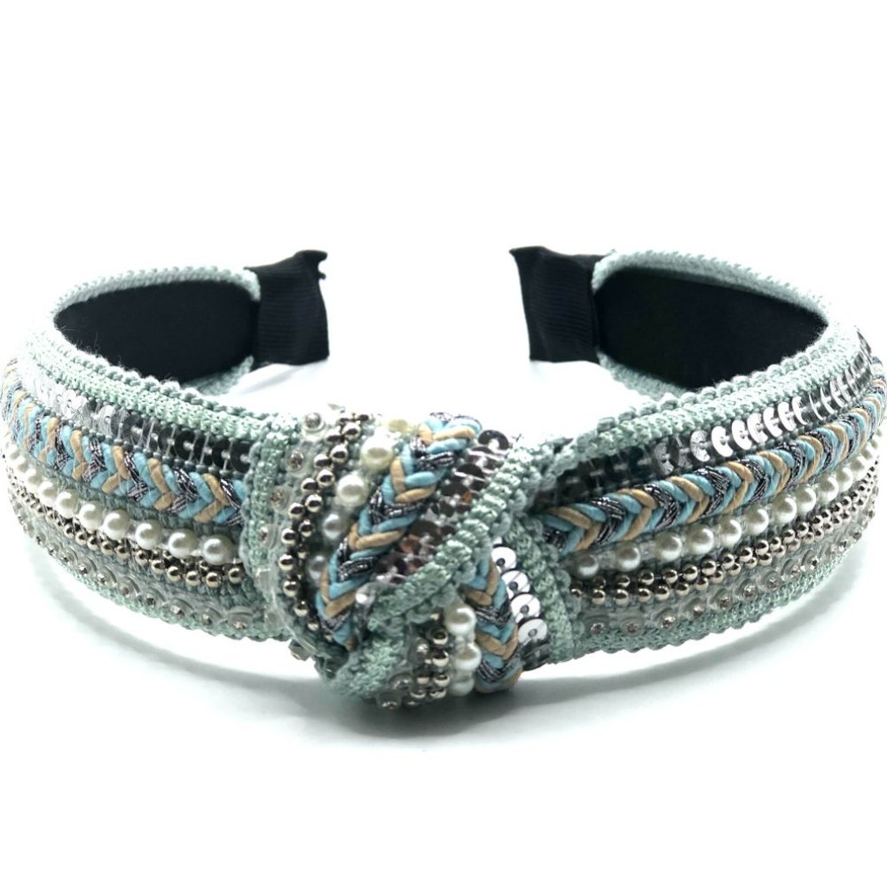 Green Beaded Headband Crystal Pearl Knot Headbands Bohemian Headband for Women